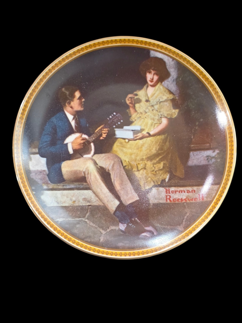 Norman Rockwell "Pondering on the porch" Decorative Dinner Plate in Gold
